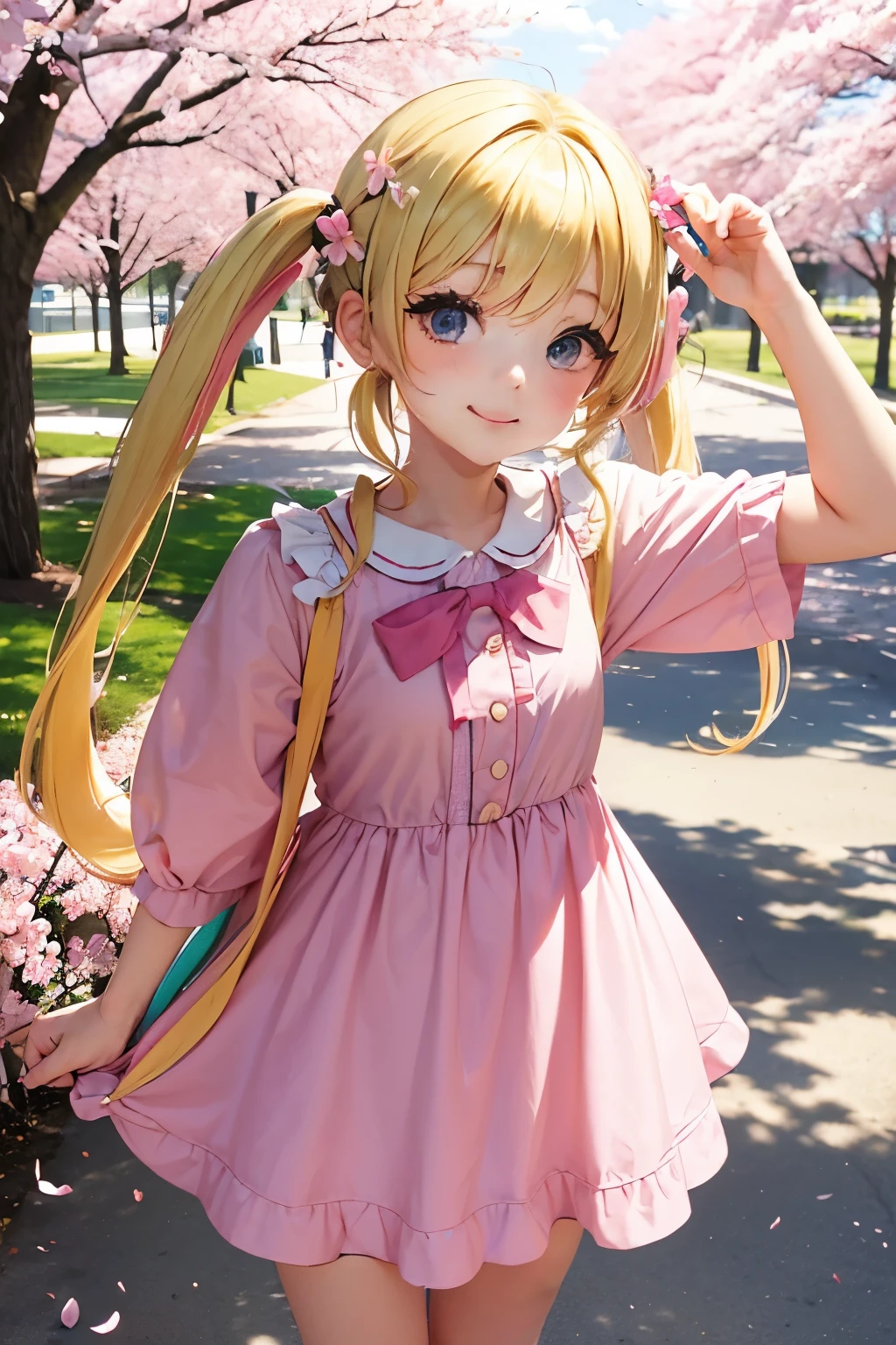,((( petitegirl with blonde twin tail, colorful dress))),cherry blossoms、Cherry blossom viewing