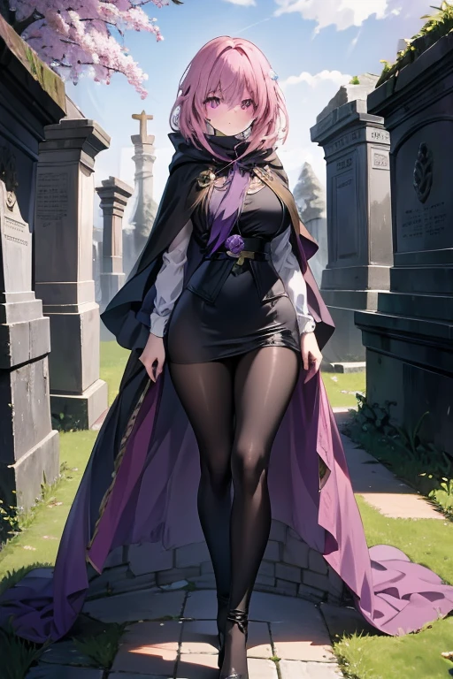 a pink haired woman with violet eyes with an hourglass figure is wearing a cloak in the cemetery
