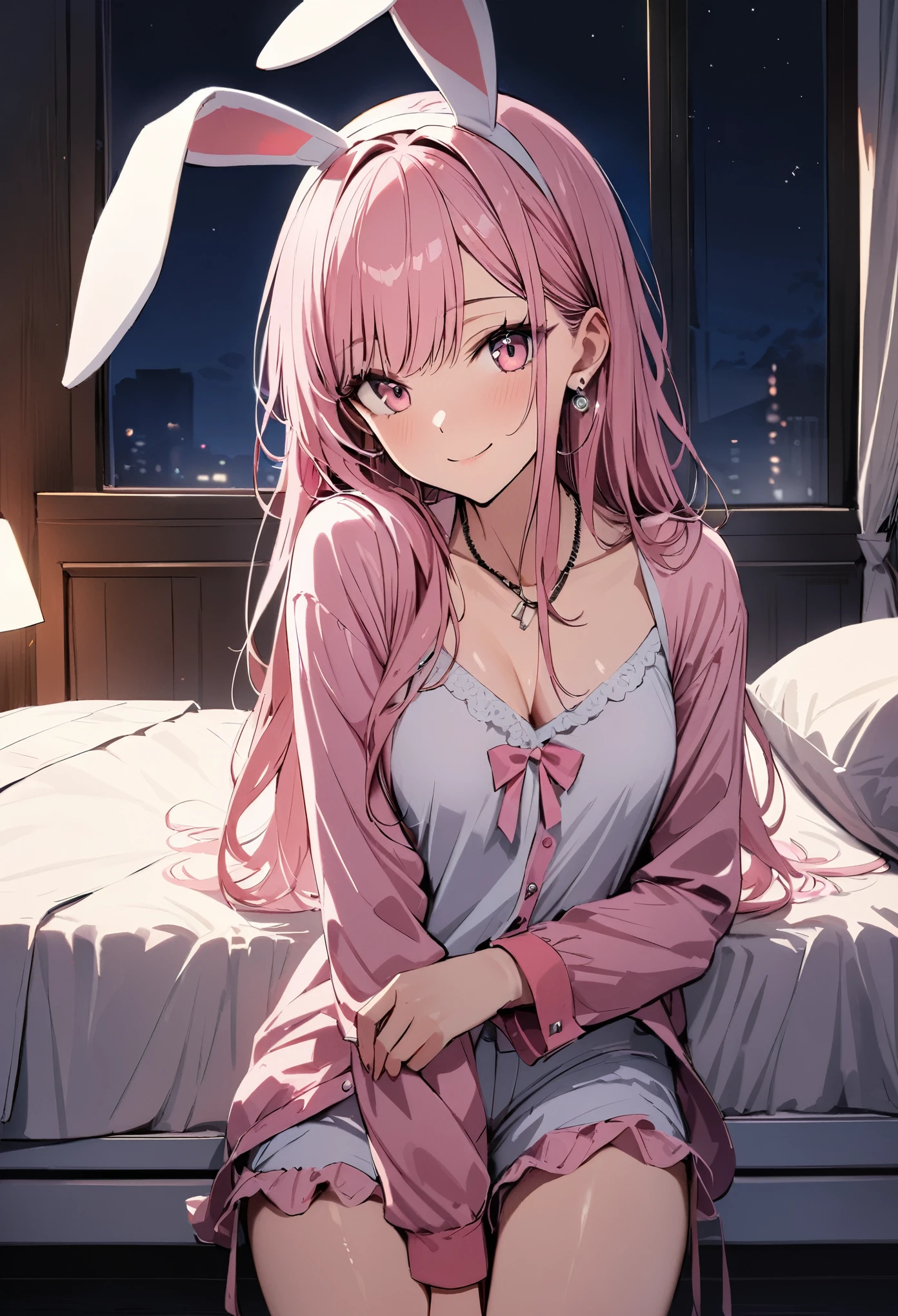masterpiece, highest quality, Super fine, super fine, 4k, 8K, highest quality, beautiful, cute woman, alone, (beautiful pink hair, beautiful pink eyes, beautiful eyes, long hair, Bunny ears, smile),
Rest Room with cozy bed,night, pajamas,
break prada, necklace, earrings, accessories, bag,
great lighting, bloom, Exceptional resolution, Super detailed, highest quality, High resolution, Audio Notes,