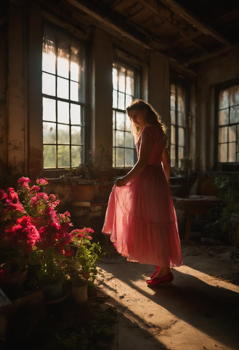 Highest quality, re-detailed, abandoned house, factory plant, pa llama, plants growing, sunlight through window, lots of pink flowers, plants hanging from ceiling, twilight, time slowly stopping, phantom image, (girl standing in middle, wearing colorful dress, red shoes, looking up)