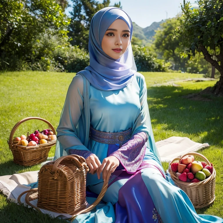 beautiful muslimah girls, wearing traditional silk baju kurung, ultra-detailed, detailed faces, detailed skins, 8k masterpieces, cinematic lighting, firm push-up bosom, modest bosom, slim and slender body, long hijab, eid mubarak, in malay village, picnic in the meadow with a basket full of fruits and flowers