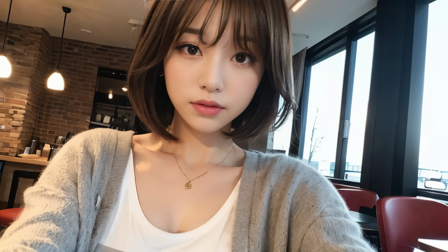 brown hair、short hair、With bangs、Beautiful woman、sexy body、bright colored jacket(The inner layer is a black scoop neck T-shirt..)、inside a stylish cafe