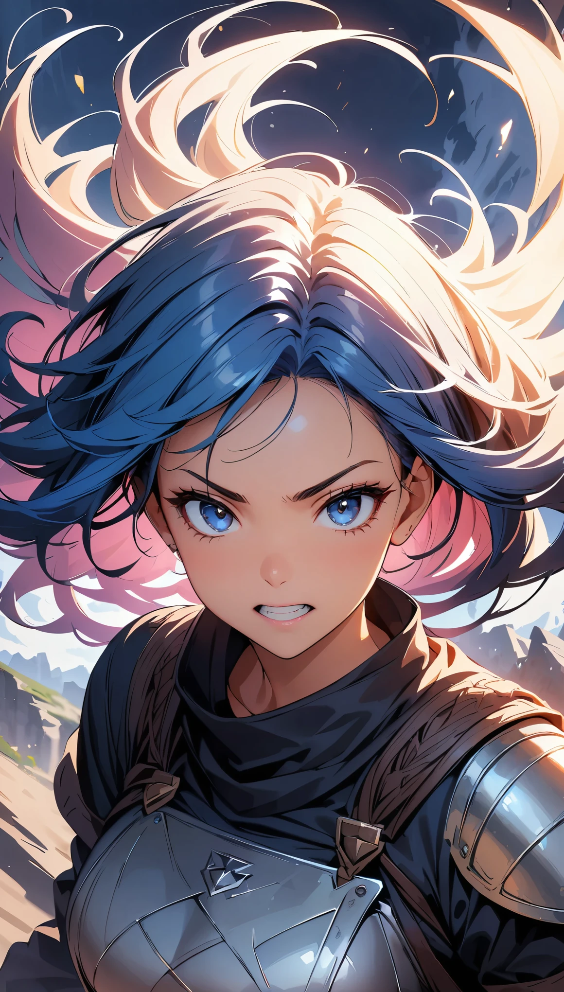 (highest quality, 4k, 8K, High resolution, masterpiece:1.2), Super detailed, A woman holding a large shield, (plate mail:1.2), flowing hair, fierce expression, intense battle scene, dramatic lighting, Bright colors, powerful stroke, high contrast, Heroic portrait, Large detailed shield, adrenaline rush, motion blur, strength, impact, energy, Violent, dynamic pose, shallow depth of field, war-torn landscape background.