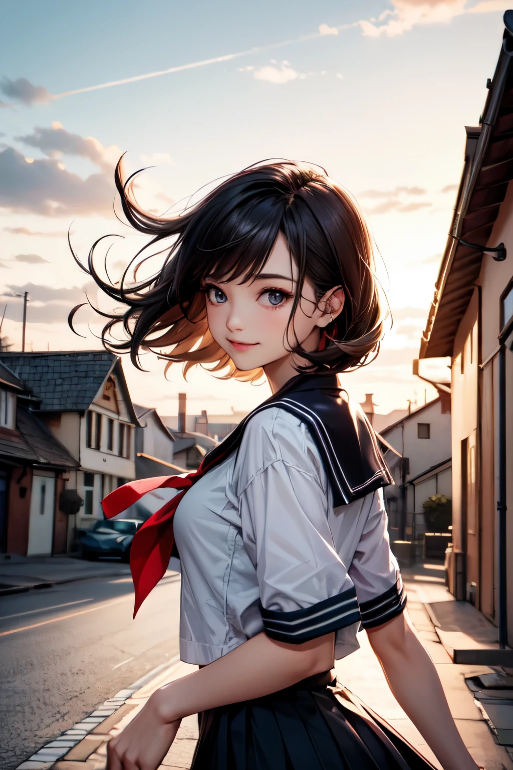 very cute and beautiful girl,(highly detailed beautiful face and eyes),
(smile),black hair,(sailor ,pleated navy blue mini skirt),dynamic pose,looking at viewer,
many european houses with red roof,(town overview:1.2),
(best quality,masterpiece:1.0),absurdres,highres,ultra-detailed,extremely detailed,32k,8k resolution,
intricate details,cinematic scene,detailed background,solo,dynamic angle,
solo,hair fluttering in the wind,beautiful detailed sky,