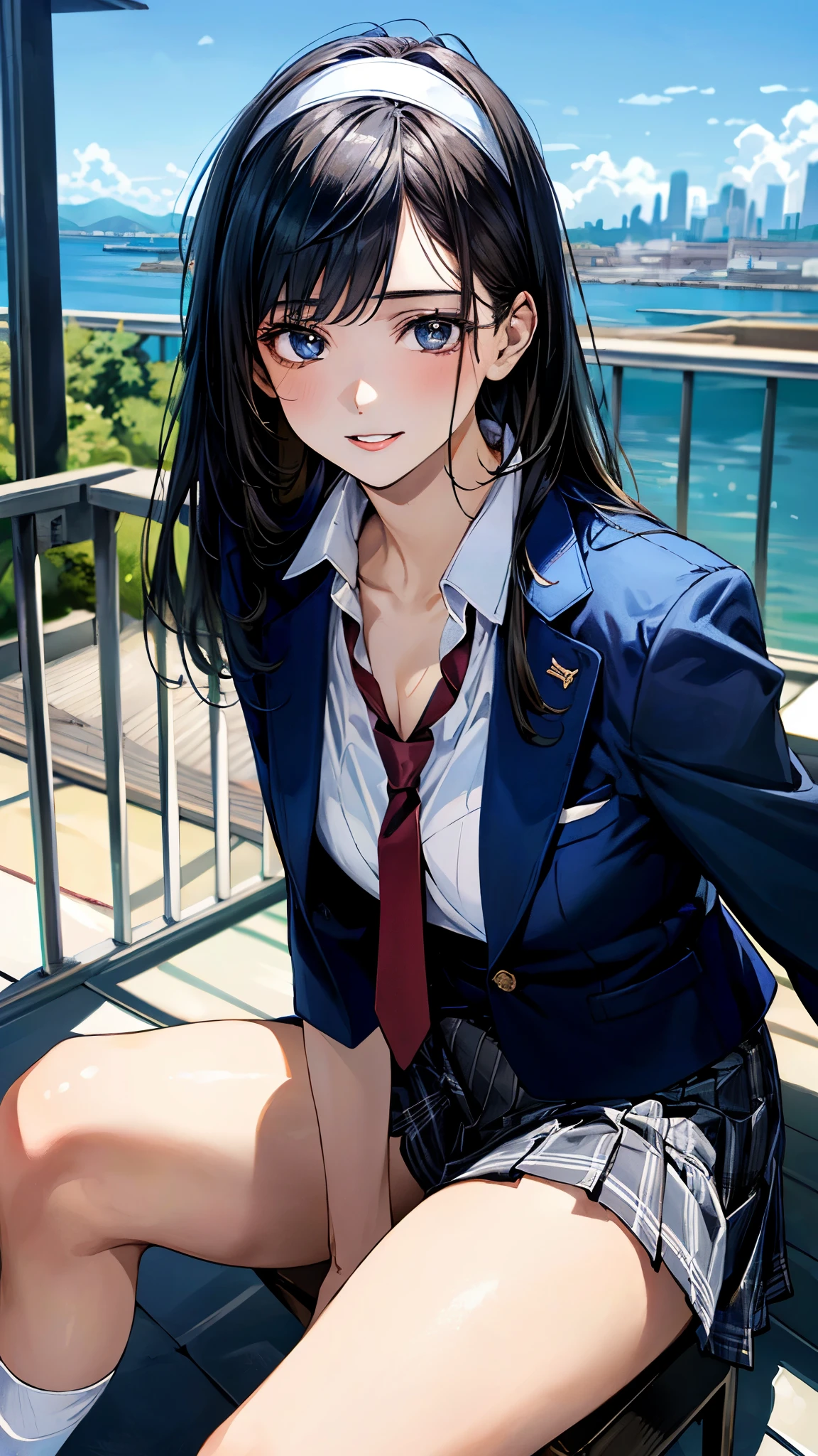 (masterpiece:1.3, top-quality, ultra high res, ultra detailed), (realistic, photorealistic:1.4), beautiful illustration, perfect lighting, natural lighting, colorful, depth of fields, surrealism, 
beautiful detailed hair, beautiful detailed face, beautiful detailed eyes, beautiful clavicle, beautiful body, beautiful chest, beautiful thigh, beautiful legs, beautiful fingers, 
looking at viewer, 1 girl, high school girl, perfect face, (perfect anatomy, anatomically correct), cute and symmetrical face, face, , shiny skin, 
(long hair:1.5, straight hair, black hair), bangs, dark blue eyes,  long eye lasher, (medium breasts), slender, 
(((navy blazer, close blazer), collared white shirt, gray plaid pleated skirt, dark red tie), white headband), navy school socks, 
(beautiful scenery), evening, (city), , , (smile, parted lips), 