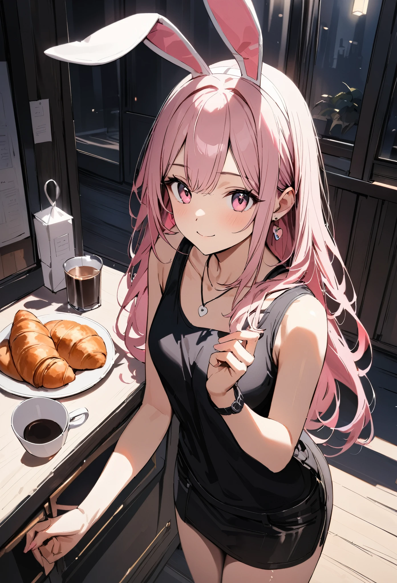 masterpiece, highest quality, Super fine, super fine, 4k, 8K, highest quality, beautiful, cute woman, alone, (beautiful pink hair, beautiful pink eyes, beautiful eyes, long hair, Bunny ears, smile),
break , breakfast, fried egg,Croissant,coffee,Tank top,miniskirt necklace, earrings, accessories, 
great lighting, bloom, Exceptional resolution, Super detailed, highest quality, High resolution, Audio Notes,