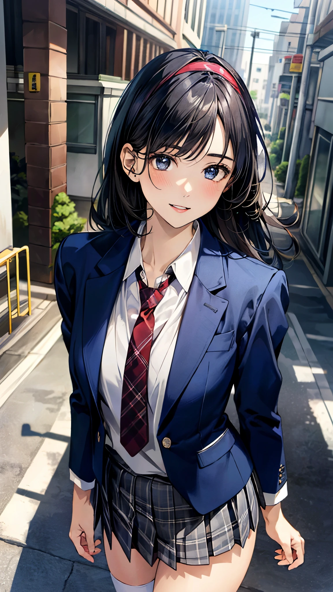 (masterpiece:1.3, top-quality, ultra high res, ultra detailed), (realistic, photorealistic:1.4), beautiful illustration, perfect lighting, natural lighting, colorful, depth of fields, surrealism, 
beautiful detailed hair, beautiful detailed face, beautiful detailed eyes, beautiful clavicle, beautiful body, beautiful chest, beautiful thigh, beautiful legs, beautiful fingers, 
looking at viewer, 1 girl, high school girl, perfect face, (perfect anatomy, anatomically correct), cute and symmetrical face, babyface, , shiny skin, 
(long hair:1.5, straight hair, black hair), bangs, dark blue eyes,  long eye lasher, (medium breasts), slender, 
(((navy blazer, close blazer), collared white shirt, gray plaid pleated skirt, dark red tie), white headband), navy school socks, 
(beautiful scenery), evening, (city), , , (smile, parted lips), 