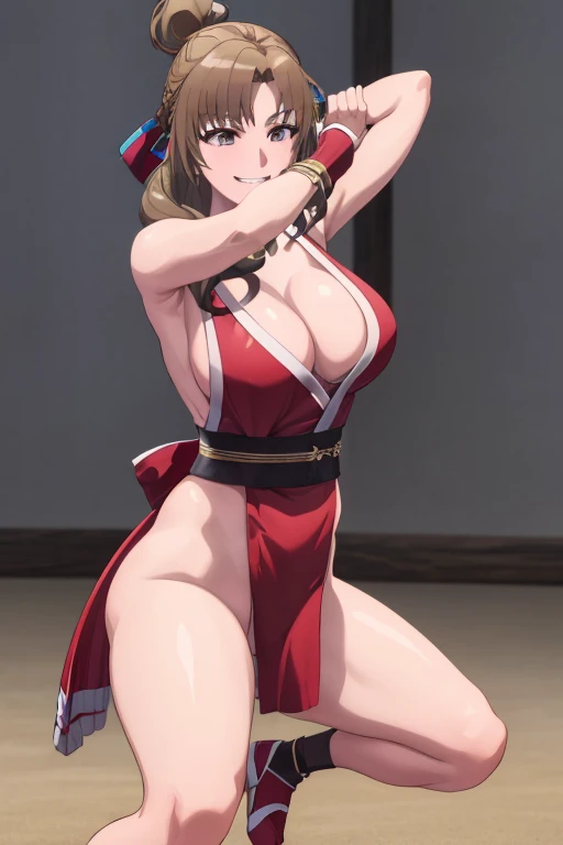 masterpiece, best quality, beautiful art, high resolution, well formed hands, body and fingers, 1 woman, solo, Mamako Oosuki, adult, hair ornament, big breasted, cleavage, full body, long hair, hair ornament gorgeous legs and thighs, cosplaying as Mai Shiranui , she is fighting in a combat match at a martial arts tournament, she is getting ready to fight, making her guard pose, action and fighting scene, about to hit the viewer, looking at the viewer, sweating , feeling confident and proud, smiling joyfully and happily, charming her opponent with her beauty, bouncing breasts, fighting scene, martial arts tournament on the beach