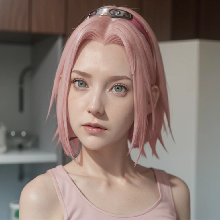 young woman, short shoulder-length pink hair, wide forehead, porcelain skin, pink eyebrows, big emerald green eyes, buttoned nose, full lips, heart-shaped face, slender body, small breasts, red tank top, Sakura Haruno , realistic, realism, details, 3d, well detailed
