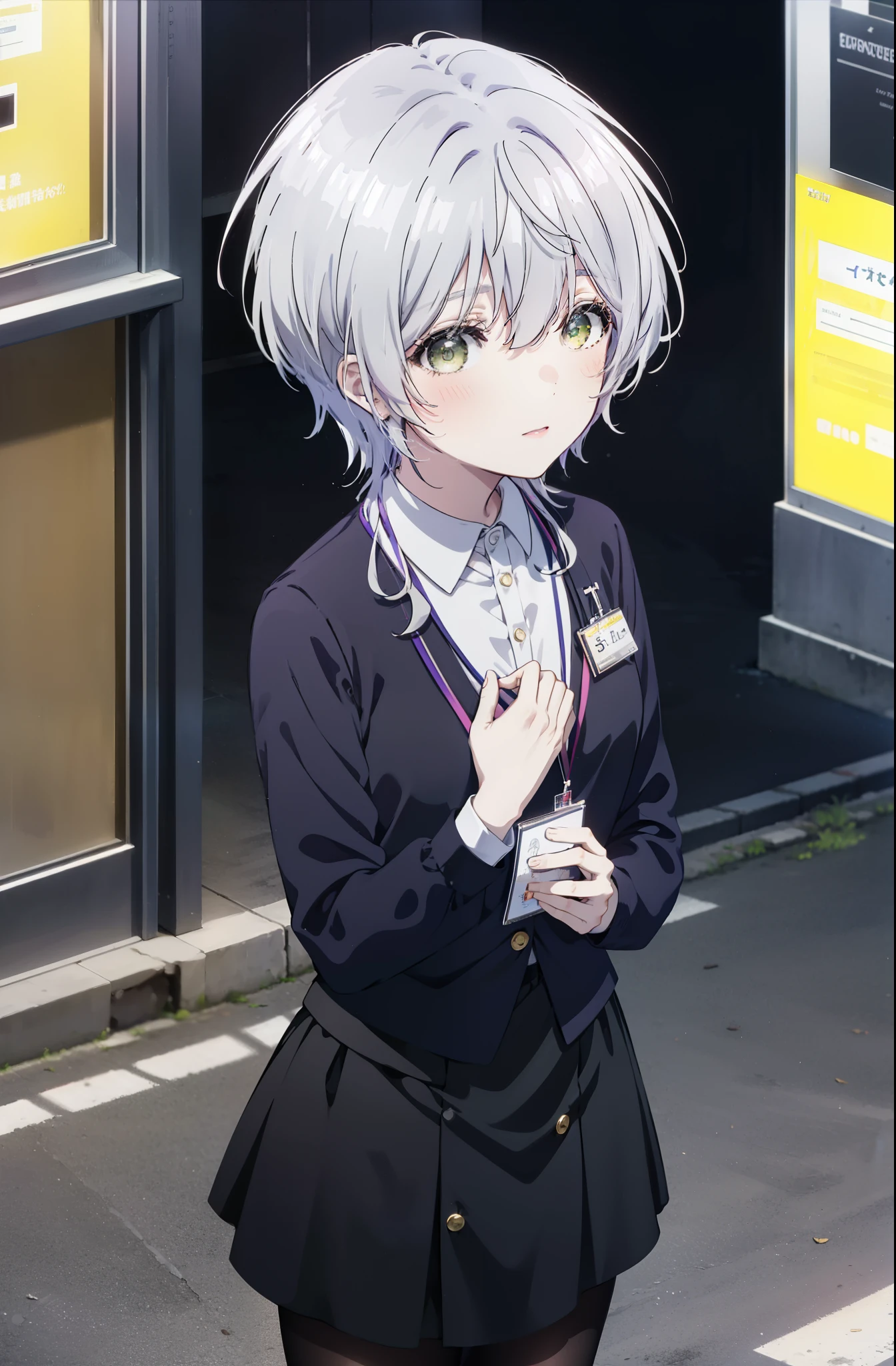 Anime girl with white hair and black skirt standing in front of a ...