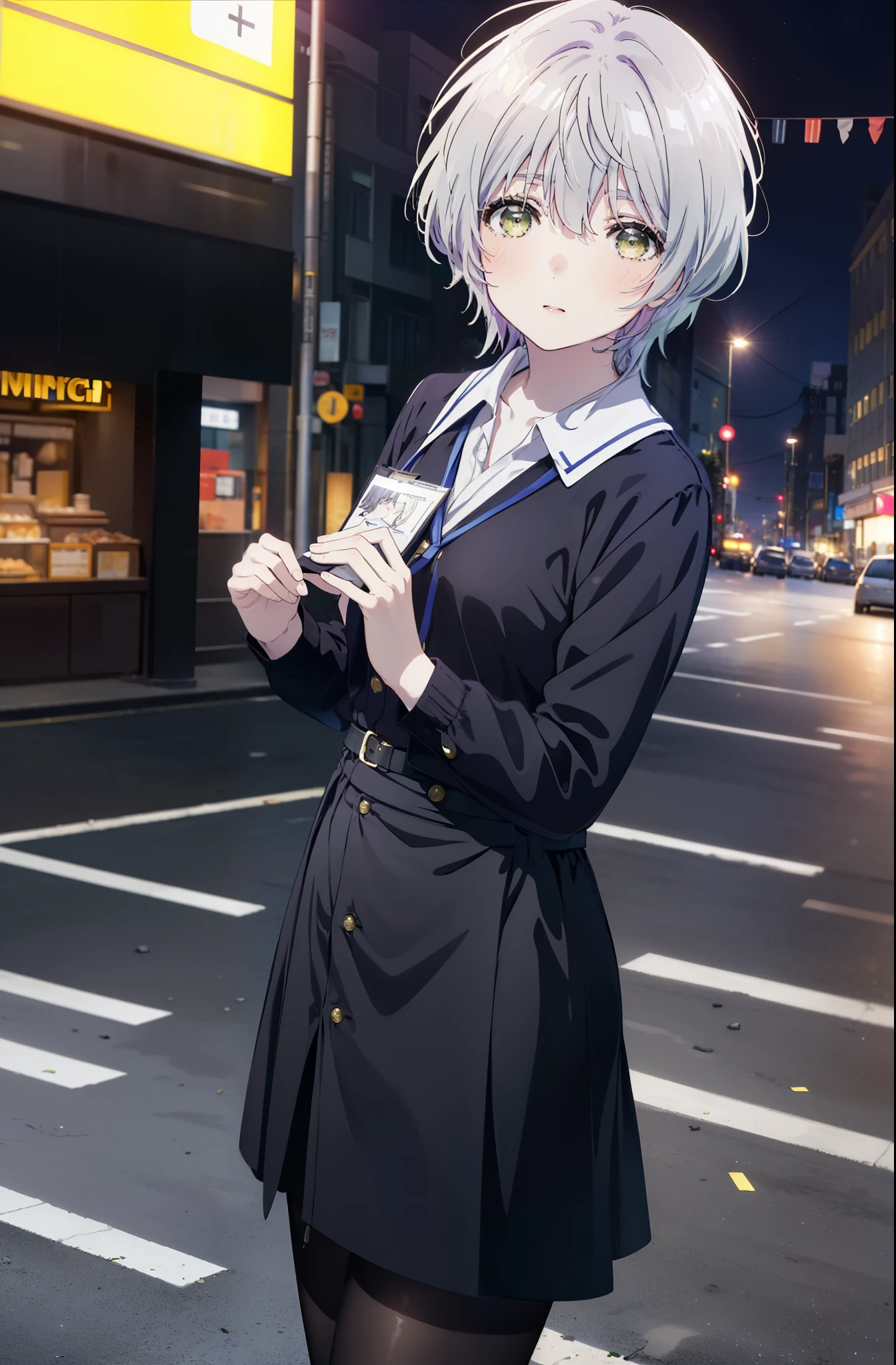 fuukakikuchi, fuuka kikuchi, short hair, bangs, hair between eyes, (green eyes:1.3), gray hair,smile,blush,
black suit jacket, collared jacket, white dress shirt, collared shirt, neckline, button, ID card on neck, black pencil skirt, black pantyhose, stiletto heels, (Medium chest:1.2),morning,morning日,the sun is rising,Business Back,walking,
break outdoors, city,building street,
break looking at viewer,whole body, (cowboy shot:1. 5)
break (masterpiece:1.2), highest quality, High resolution, unity 8k wallpaper, (shape:0.8), (fine and beautiful eyes:1.6), highly detailed face, perfect lighting, Very detailed CG, (perfect hands, perfect anatomy),