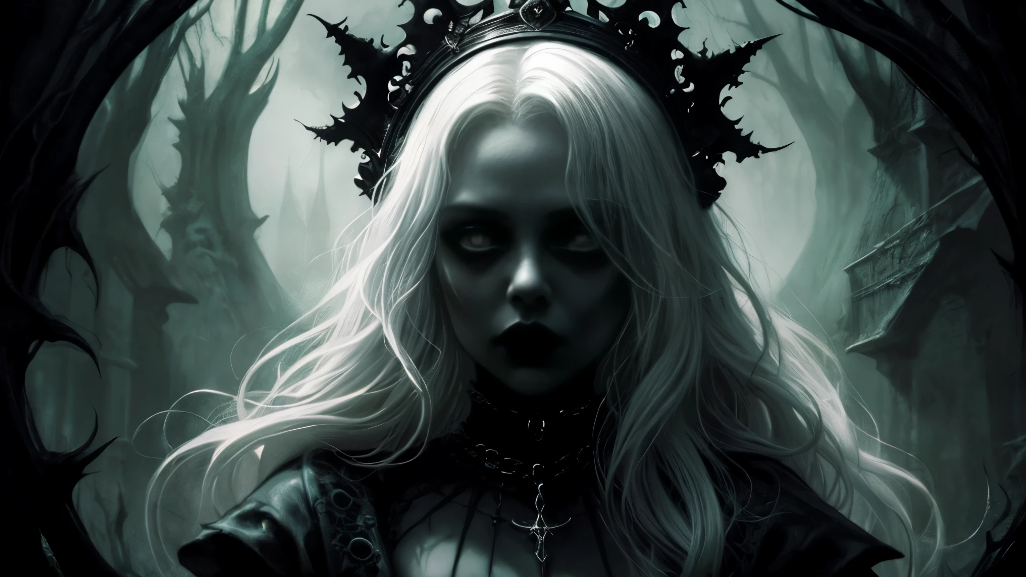 a close up of a woman with long white hair and a crown on her head, eerie art style, dark fantasy style art, dark art style, in style of dark fantasy art, ominous gothic aesthetic, artwork in the style of guweiz, gothic horror vibes, gothic aesthetic, dark and horror style, dark fantasy illustration, gothic art style, dark fantasy art