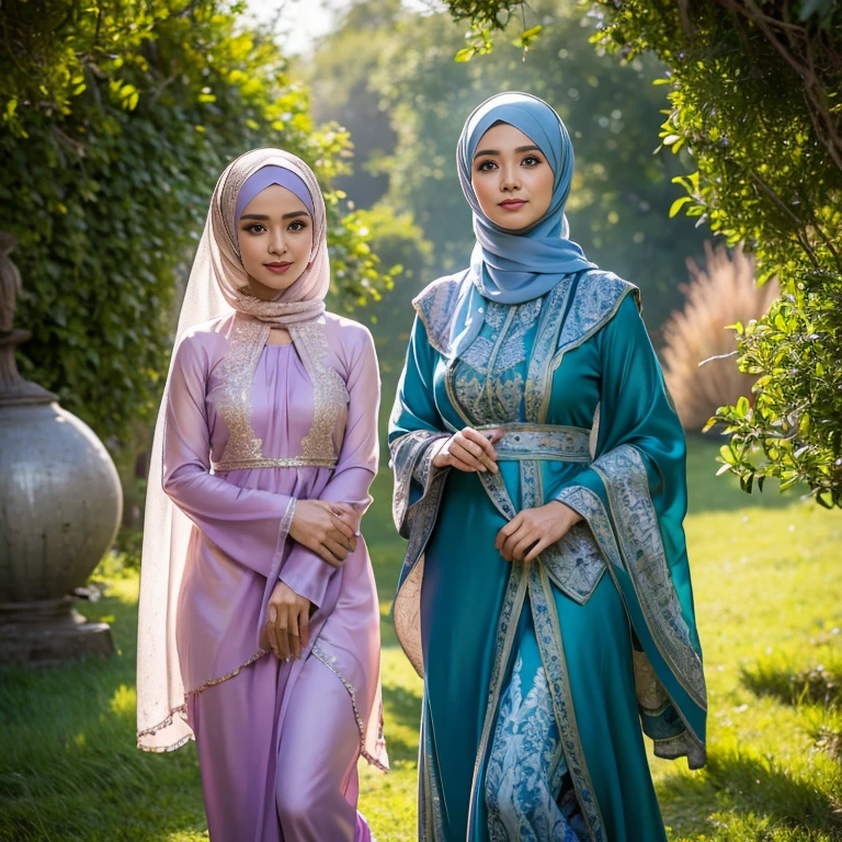 beautiful muslimah girls, wearing traditional silk baju kurung, ultra-detailed, detailed faces, detailed skins, 8k masterpieces, cinematic lighting, firm push-up bosom, modest bosom, slim and slender body, long hijab, eid mubarak, in malay village, in the meadow