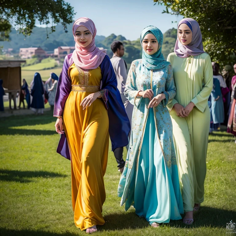 beautiful muslimah girls, wearing traditional silk baju kurung, ultra-detailed, detailed faces, detailed skins, 8k masterpieces, cinematic lighting, firm push-up bosom, modest bosom, slim and slender body, long hijab, eid mubarak, in malay village, in the meadow