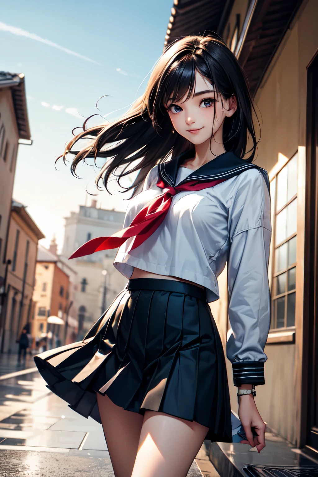very cute and beautiful girl,(highly detailed beautiful face and eyes),
(smile),black hair,(sailor ,pleated navy blue mini skirt),dynamic pose,looking at viewer,
many european houses with red roof,(town overview:1.2),
(best quality,masterpiece:1.0),absurdres,highres,ultra-detailed,extremely detailed,32k,8k resolution,
intricate details,cinematic scene,detailed background,solo,dynamic angle,
solo,hair fluttering in the wind,beautiful detailed sky,