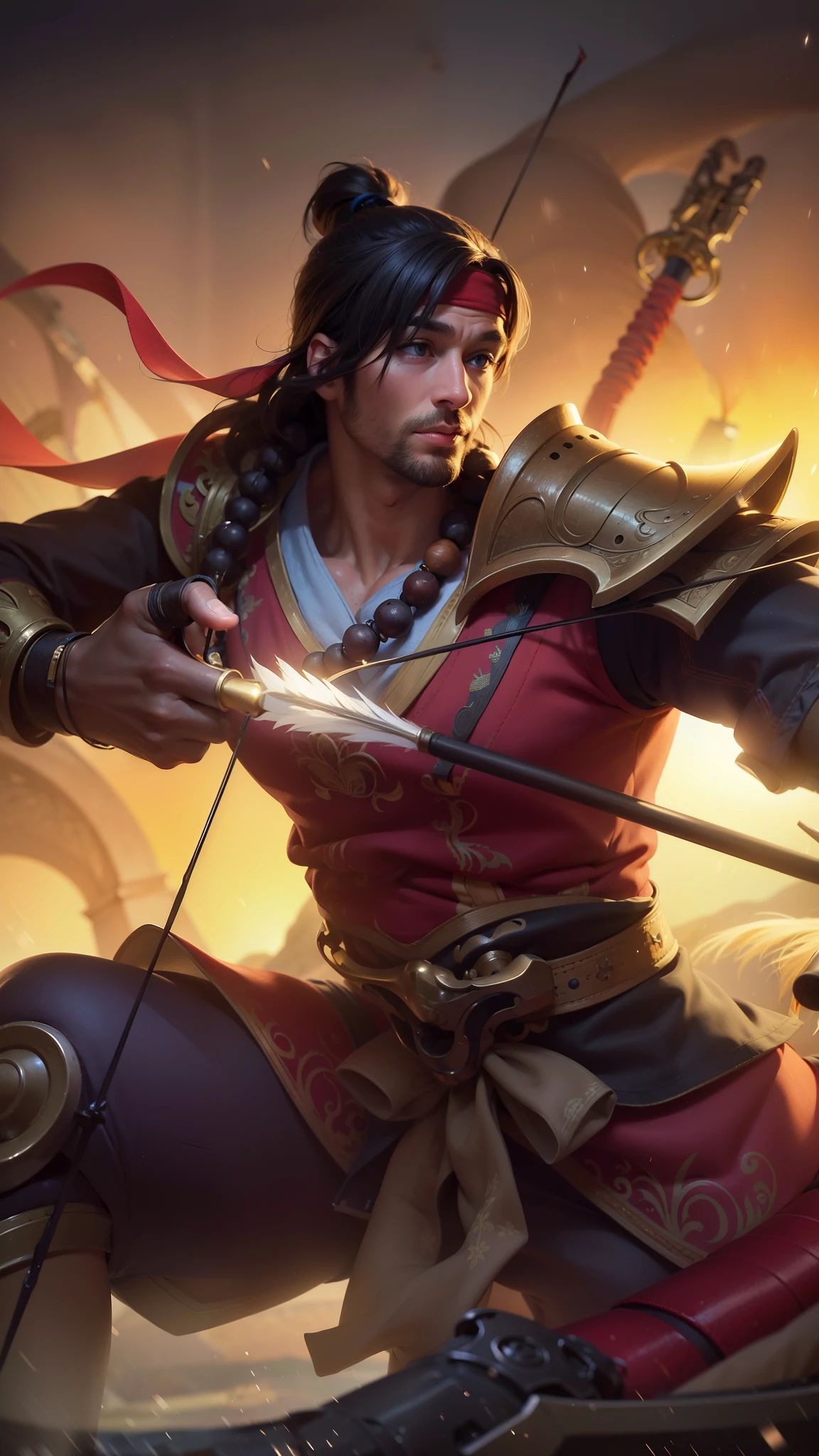 a close up of a man with a bow and holding arrows, 8k, ultra hd, ultra detailed texture, hyper realistic, masterpiece, detailed texture, detailed face, detailed skin, detailed lighting, (photorealistic:1.5), best quality, beautiful lighting, cinematic lighting, professional lighting, ultra highres, realistic, detailed hair, real hair, high quality, (realskin:1.5), extremely detailed, finely detail, ultra-detailed, blue eyes, red bandana.