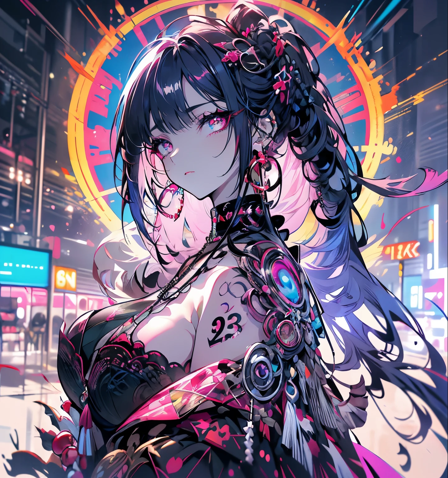 scene:0.9, (masterpiece), highest quality, (((super detailed, 8K quality))),,hair above one eye, red eyes, clear eyes, choker, open jacket, towards the wall,shineing grafiti, shineing tattoos, shine, neon light, Black light,anime style, movie portrait photography, 1 female, 22 years ago, Full body Esbian,blue eye background, big and full breasts, anger, (scarlet hair), long hair, purple eyes, wearing a short black dress, (natural skin texture vivid details, surreal, (realistic detailed eyes, natural skin texture, realistic facial details), soft and dramatic lighting, Depth of written boundary, Bokeh, vivid details, surreal, 35mm movie, hazy blur, movie,lipstick, ear piercing, eye shadow, hoop earrings, red pink lips, multicolored red eyes, purple theme,Wear an iridescent aura,beautiful eyes,stand in front of the red gate、bold pose、decide on a pose,upper ponytail,hanging bangs,sit