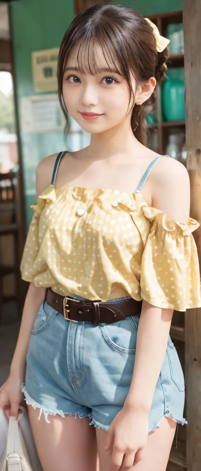 Fairy tale pop idol girl、、Yellow polka dot overalls shorts（off shoulder）、、、good style、whole body、、shiny belt、、Brown Ponytail、