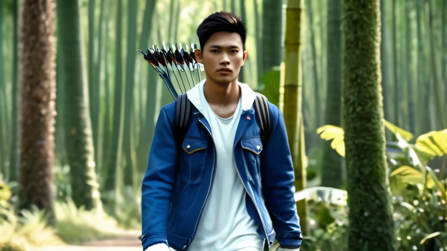 Very distant view, full front view(See head to toe)eye level,See the environment around you, A handsome Thai-French young man.,27 years old,wearing a blue jacket,Blue Jeans,white sneakers, He is walking towards the camera holding a crossbow.,The background is the primeval forest. and strange trees,photorealistic.
