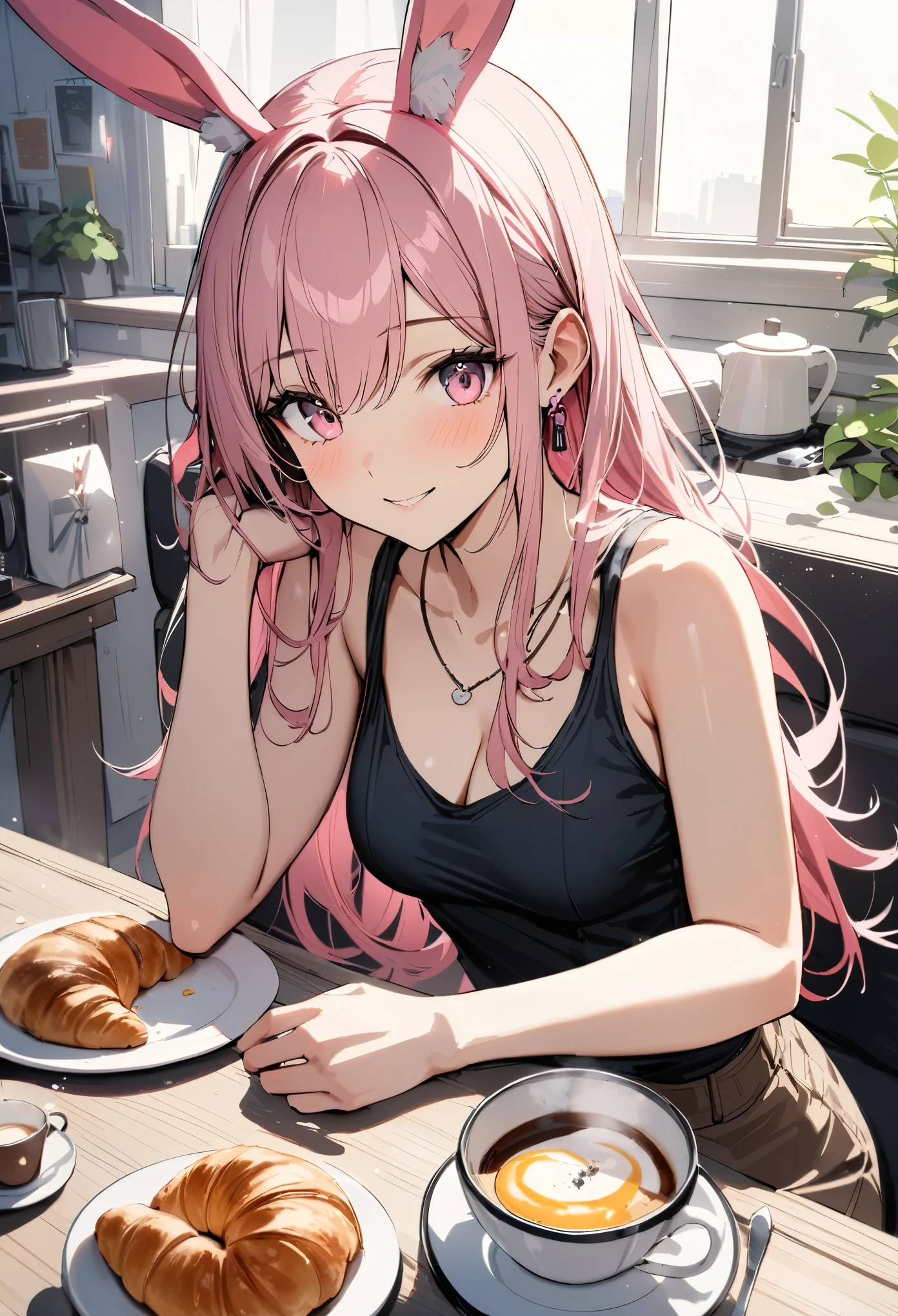 masterpiece, highest quality, Super fine, super fine, 4k, 8K, highest quality, beautiful, cute woman, alone, (beautiful pink hair, beautiful pink eyes, beautiful eyes, long hair, Bunny ears, smile),
break , breakfast, fried egg,Croissant,coffee,Tank top,miniskirt necklace, earrings, accessories, 
great lighting, bloom, Exceptional resolution, Super detailed, highest quality, High resolution, Audio Notes,