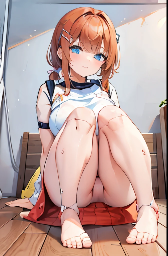 A Female robot is sleeping in bedroom, spread legs, nude, banzai pose. she wears no dress. She Brown short hair is tied with two big red clothespins, She lifts up the under hem of her white plain dress, leaning over, masterpiece, very short pigtails,brown hair, mature, android, blue eyes, full body figure, Height: 160cm, flushed cheeks, 2020s anime picture, A beautiful robot with short brown hair in two short pigtails held up by two very large huge red clothespins, Uplifting, No NSFW, whole body, barefoot, archaic smile, getting orgasm, 25 years old, sweat bucket.