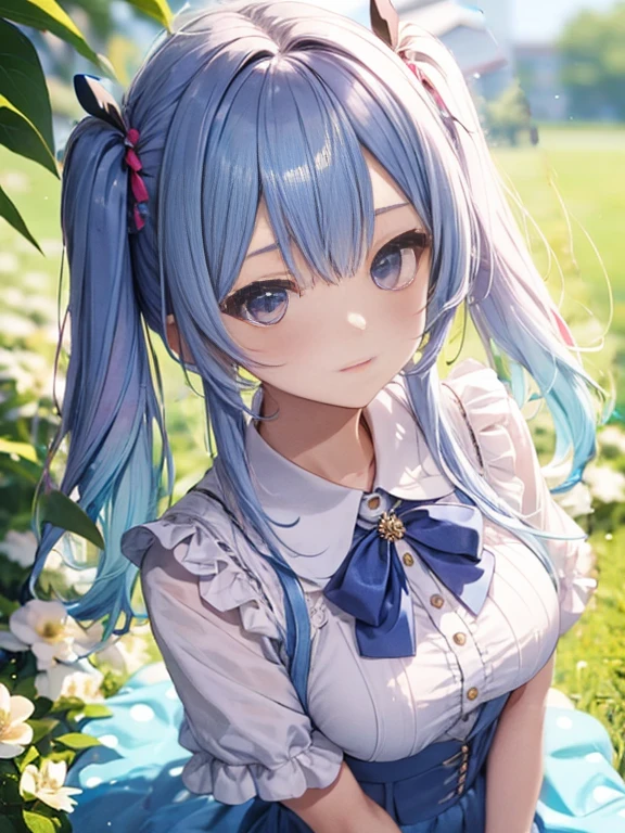 long hair、gradient hair , Half blue、half pink hair、twin tails