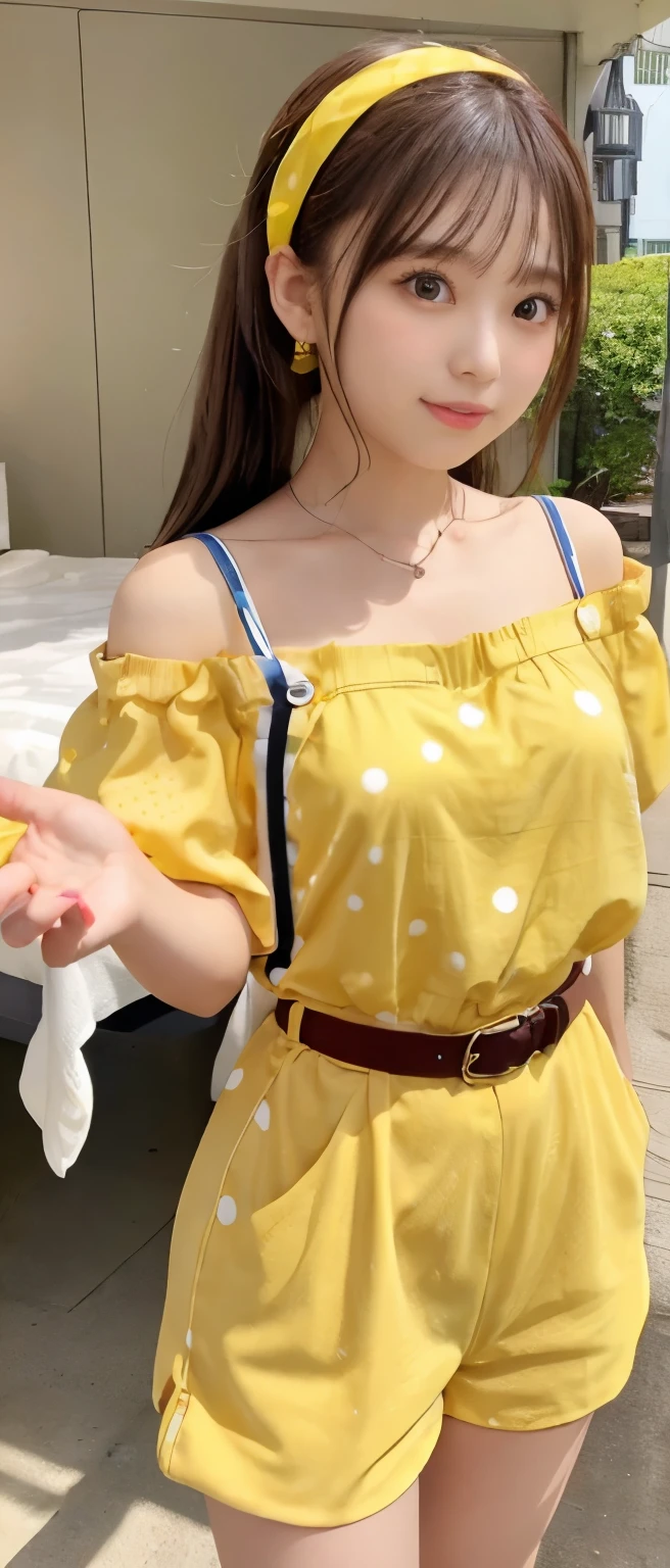 Fairy tale pop idol girl、、Yellow and blue striped mini dress（off shoulder）、、、good style、whole body、、shiny belt、、Light Brown Ponytail、
