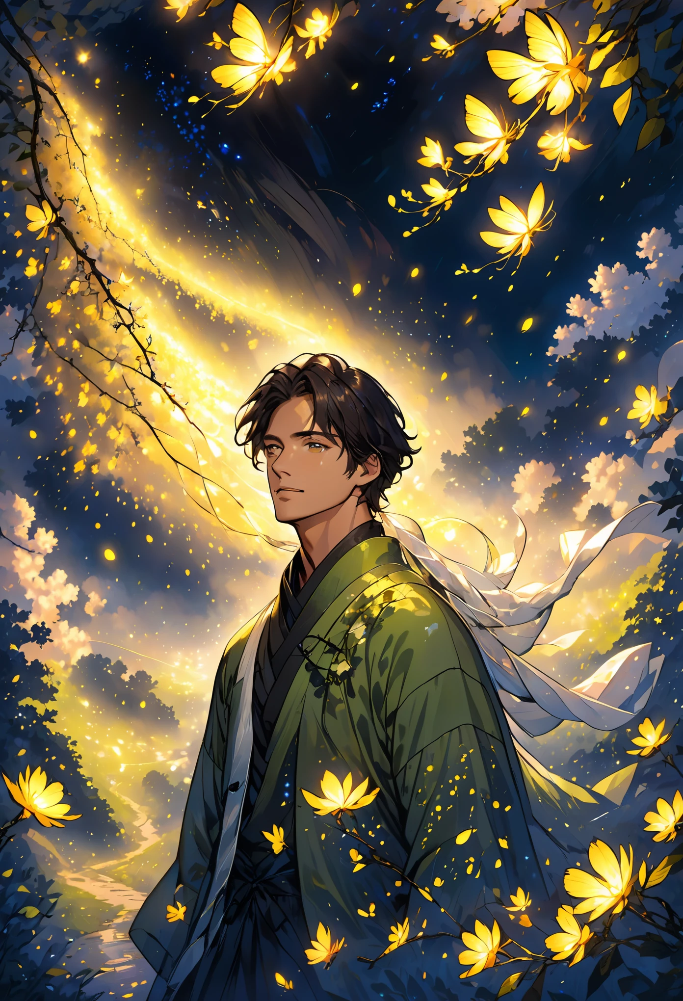a man made of fireflies, surrounded by fireflies.