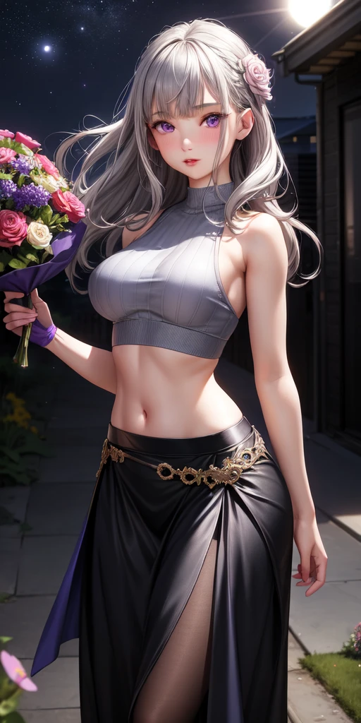 realistic, 1 girl, gray hair, purple eyes, shining eyes, crop top, skirt, parted lips, blush, night, flowers, sun, sunlight,whole body
