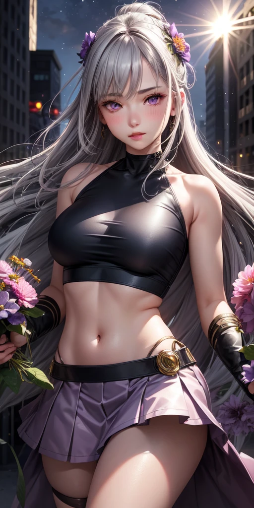 realistic, 1 girl, gray hair, purple eyes, shining eyes, crop top, skirt, parted lips, blush, night, flowers, sun, sunlight,whole body