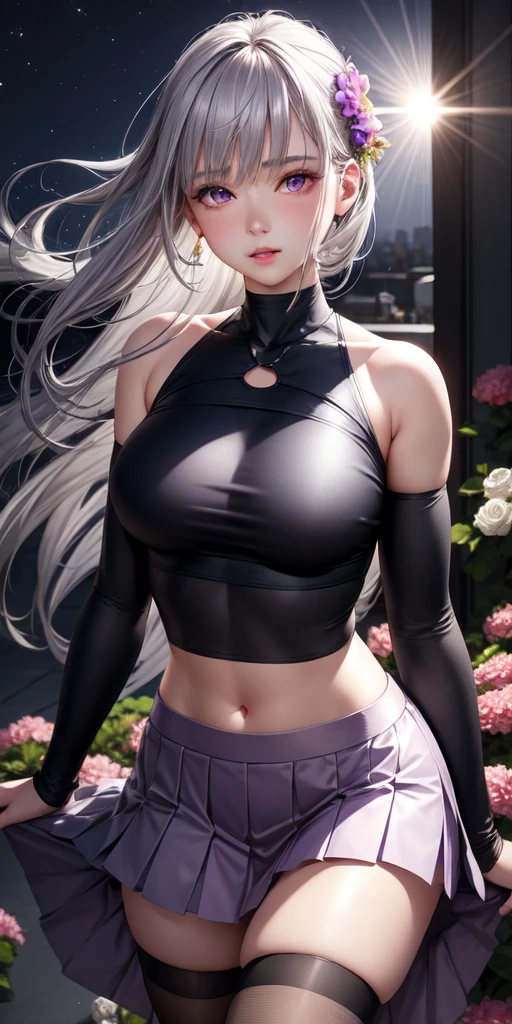 realistic, 1 girl, gray hair, purple eyes, shining eyes, crop top, skirt, parted lips, blush, night, flowers, sun, sunlight,whole body
