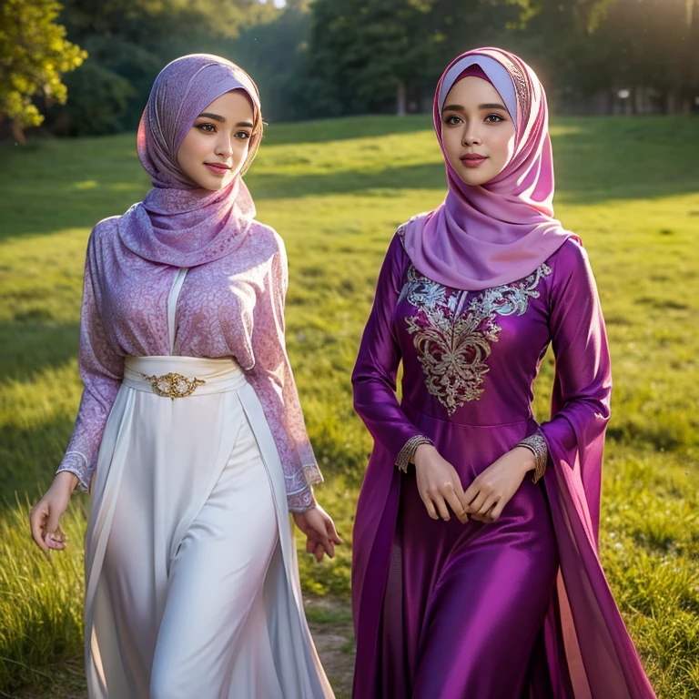 beautiful muslimah girls, wearing traditional silk baju kurung, ultra-detailed, detailed faces, detailed skins, 8k masterpieces, cinematic lighting, firm push-up bosom, modest bosom, slim and slender body, long hijab, eid mubarak, in malay village, in the meadow