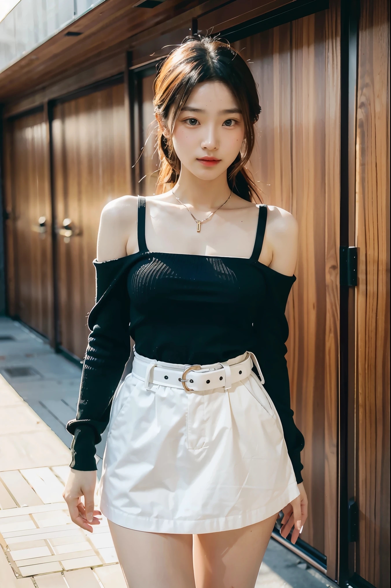 black suspender undershirt (long sleeves, bare shoulders, open waist), white miniskirt, belt at waist, light green high boots, sexy, open waist, long legs, rich details, masterpiece, superlative, realistic, HD, photographic lighting, 16k