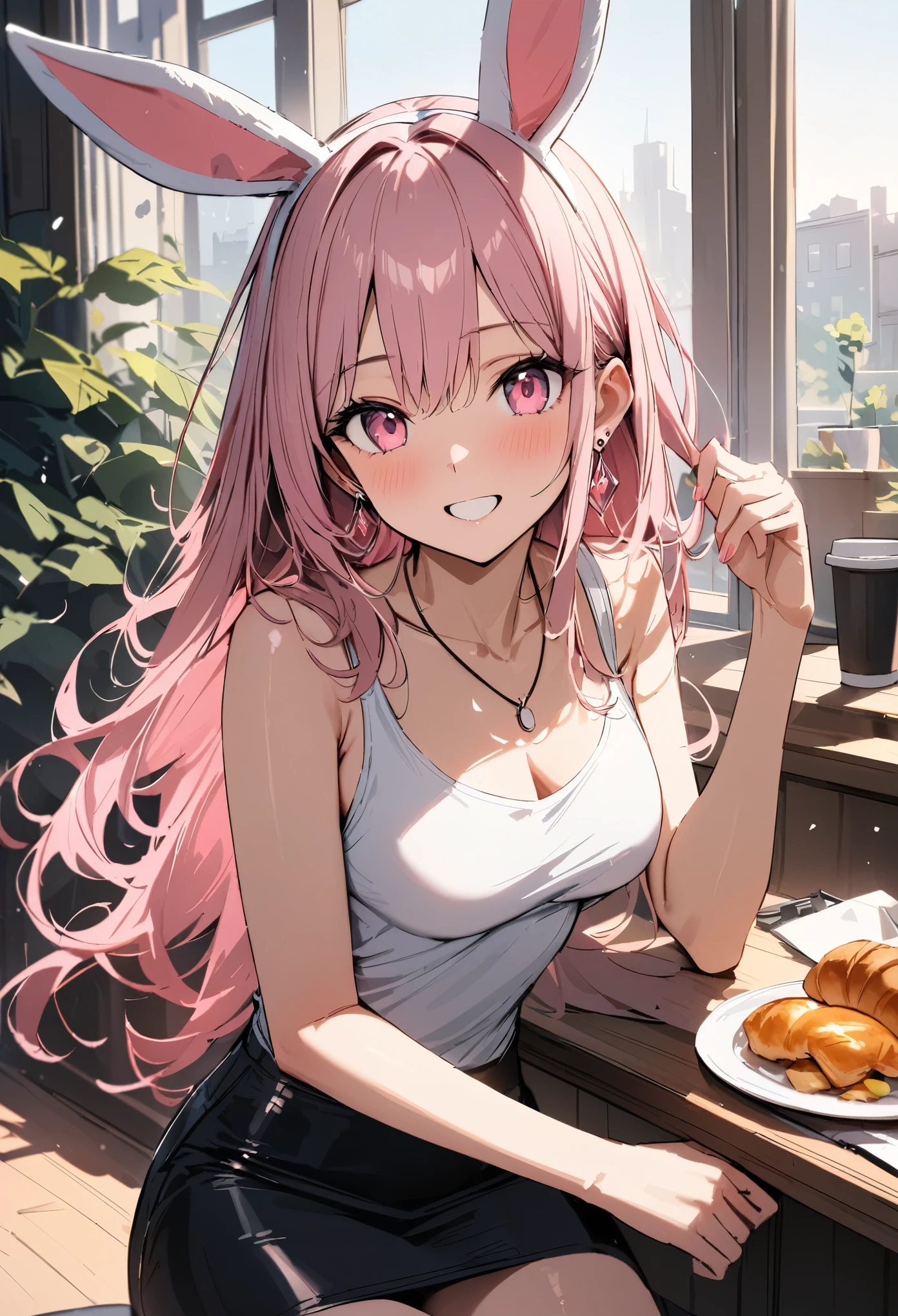 masterpiece, highest quality, Super fine, super fine, 4k, 8K, highest quality, beautiful, cute woman, alone, (beautiful pink hair, beautiful pink eyes, beautiful eyes, long hair, Bunny ears, smile),
break , breakfast, fried egg,Croissant,coffee,Tank top,miniskirt necklace, earrings, accessories,
great lighting, bloom, Exceptional resolution, Super detailed, highest quality, High resolution, Audio Notes,