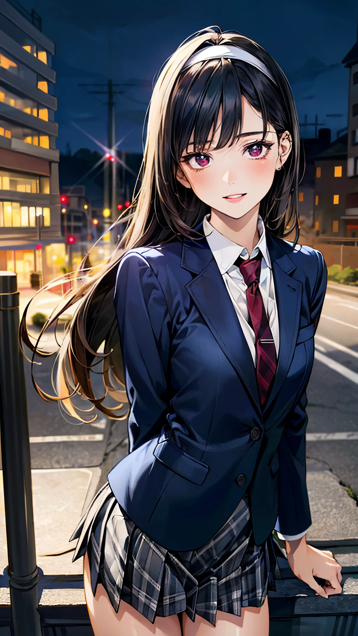 (masterpiece:1.3, top-quality, ultra high res, ultra detailed), (realistic, photorealistic:1.4), beautiful illustration, perfect lighting, natural lighting, colorful, depth of fields, surrealism, 
beautiful detailed hair, beautiful detailed face, beautiful detailed eyes, beautiful clavicle, beautiful body, beautiful chest, beautiful thigh, beautiful legs, beautiful fingers, 
looking at viewer, 1 girl, high school girl, perfect face, (perfect anatomy, anatomically correct), cute and symmetrical face, babyface, , shiny skin, 
(long hair:1.5, straight hair, black hair), bangs, (medium-violet-red) eyes, long eye lasher, (medium breasts), slender, 
((navy blazer, close blazer), collared white shirt, gray plaid pleated skirt, dark red tie, white headband), navy school socks, 
(beautiful scenery), evening, (city), , , (smile, parted lips), 