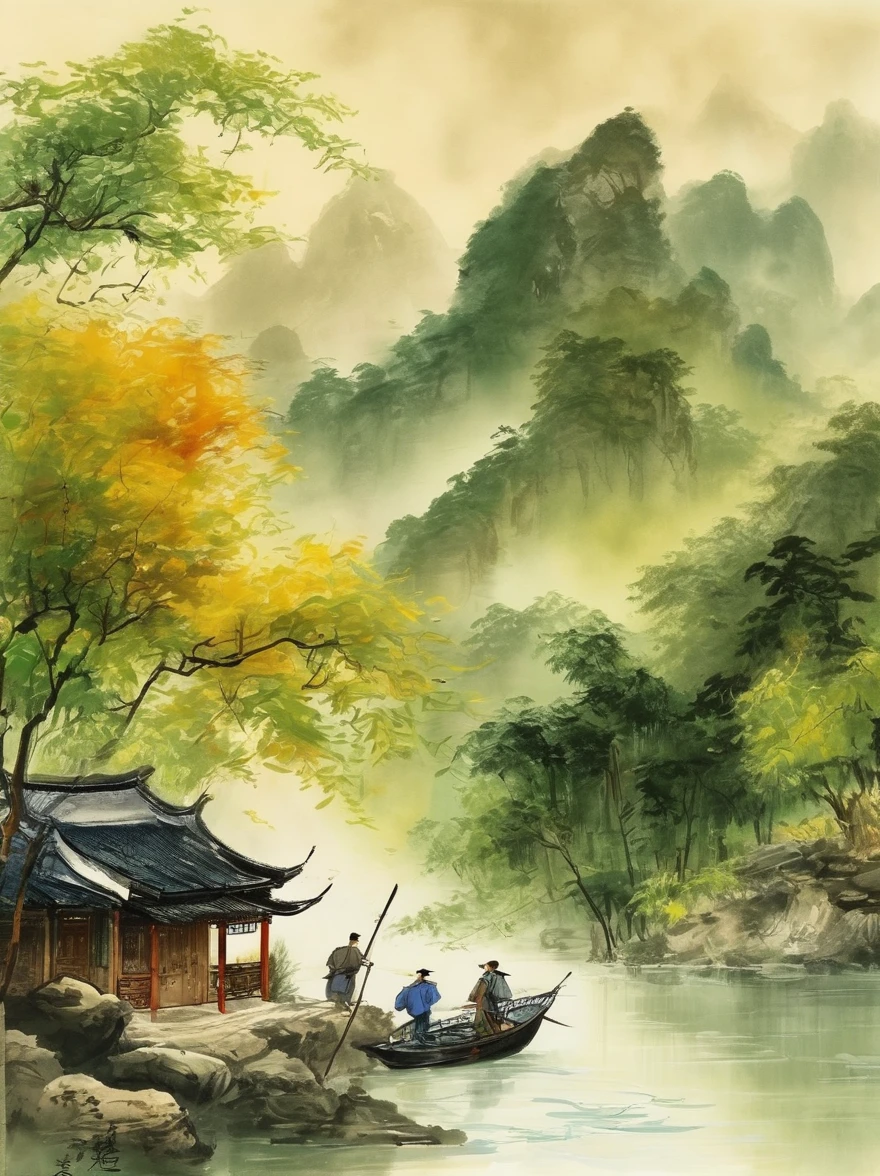 Qiman.com, a river,There is a boat in the water,There is an island on a mountain, ink painting, Chinese style,