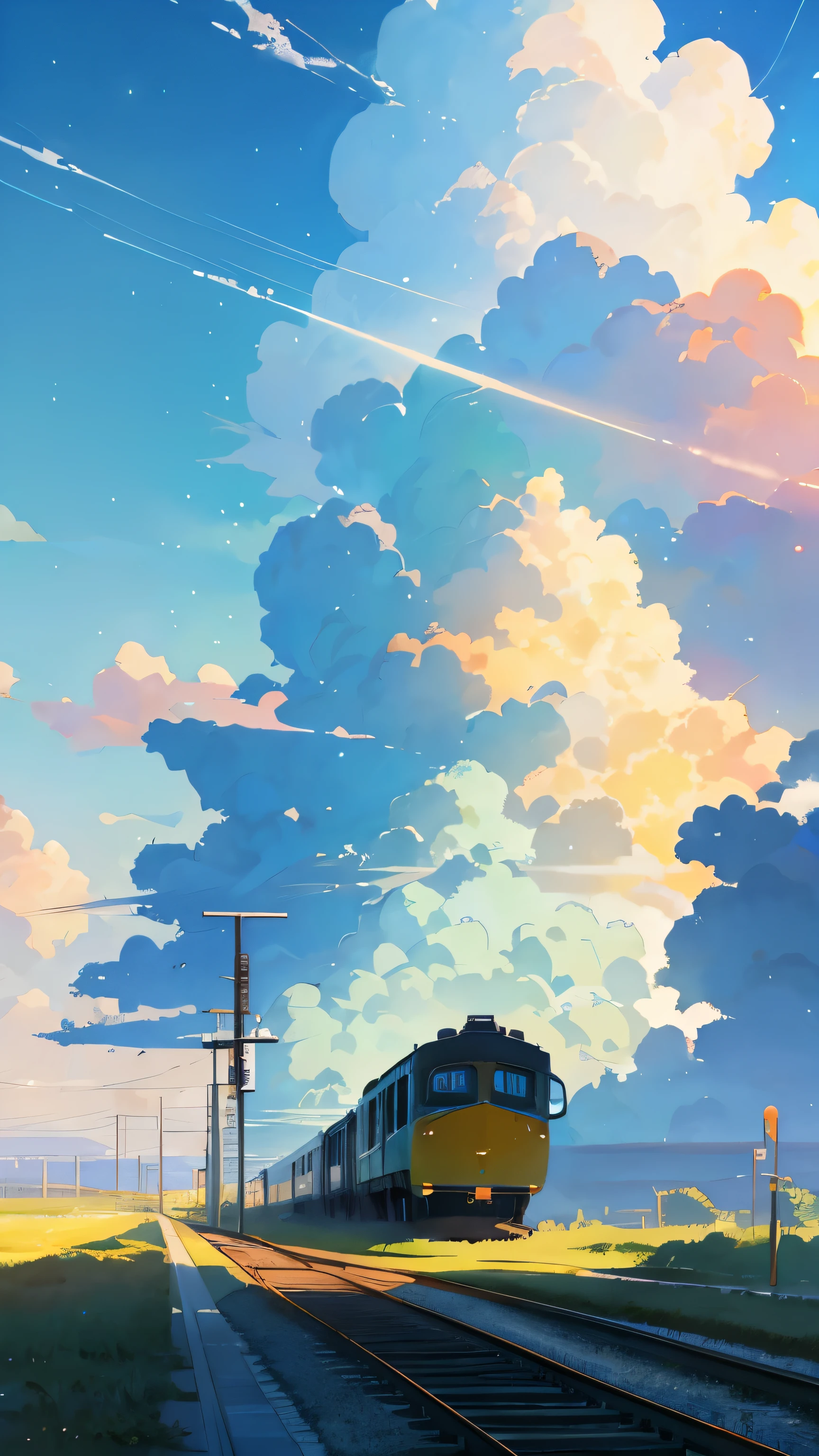 Cartoon scene of a train running under a blue-green sky,Makoto Shinkai's painting style,Trending on pixiv,magic realism,beautiful anime scene,universe sky,Fantastic background painting。