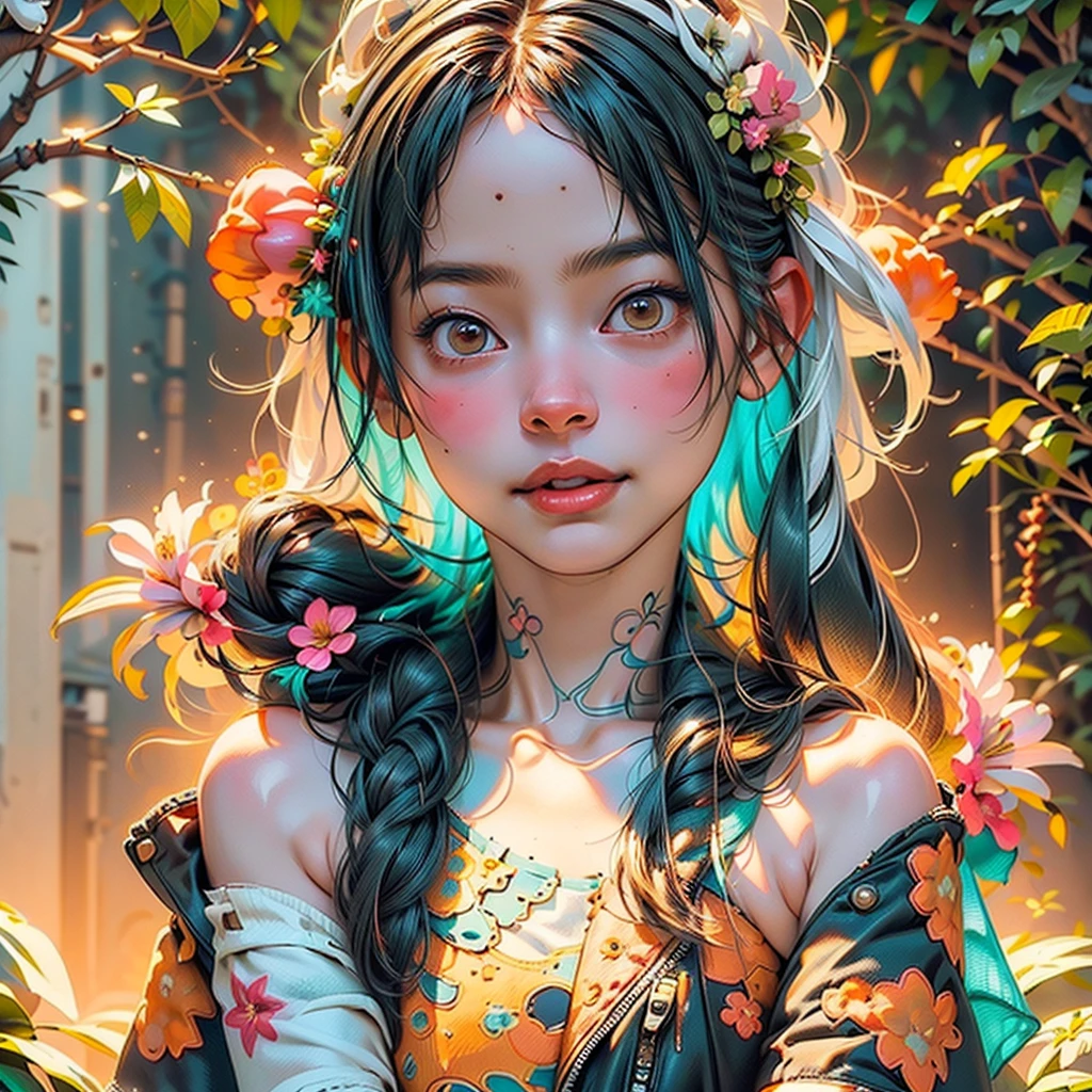 (((Create one girl 16+ years old.), (realistic), (close-up), (stands all tall), (mysterious))_((Girl), (green:1.5, orange:1.1, white:1.3, yellow:1.3))_((very sexy girl with dreadlocks), (tattoos), (naked parts of the body), (down jacket: 1.2),(jacket on the naked body, T-shirt, thong))__))_((Beautiful figure, half-turn16+ years),(realistic)),((small peach breasts, graceful figure, narrow waist, smooth hips)),((long double braids),(tight braids), (braided hair),(dark hair) ),((red lips)), ((smile)))_ ((((Shiny skin:1.5, white skin, light skin: 1.5)),((sexy), (cute))_((fractals, Flowers, leaves, fog, lilies, circles background))_((Chiaroscuro, contrast, warm - cold), (atmospheric visualization), (best quality), (Virtual realism))_)))_(((Digital painting, style anime, cyberpunk), (best quality, 4k, high resolution, masterpiece: 1.2)),((ultra detail)),((realistic, photorealistic, photorealistic: 1.37)))_(((Soft clear shapes, wide strokes, attention to detail)))_(((High quality, 16K | Ultra HD | Full