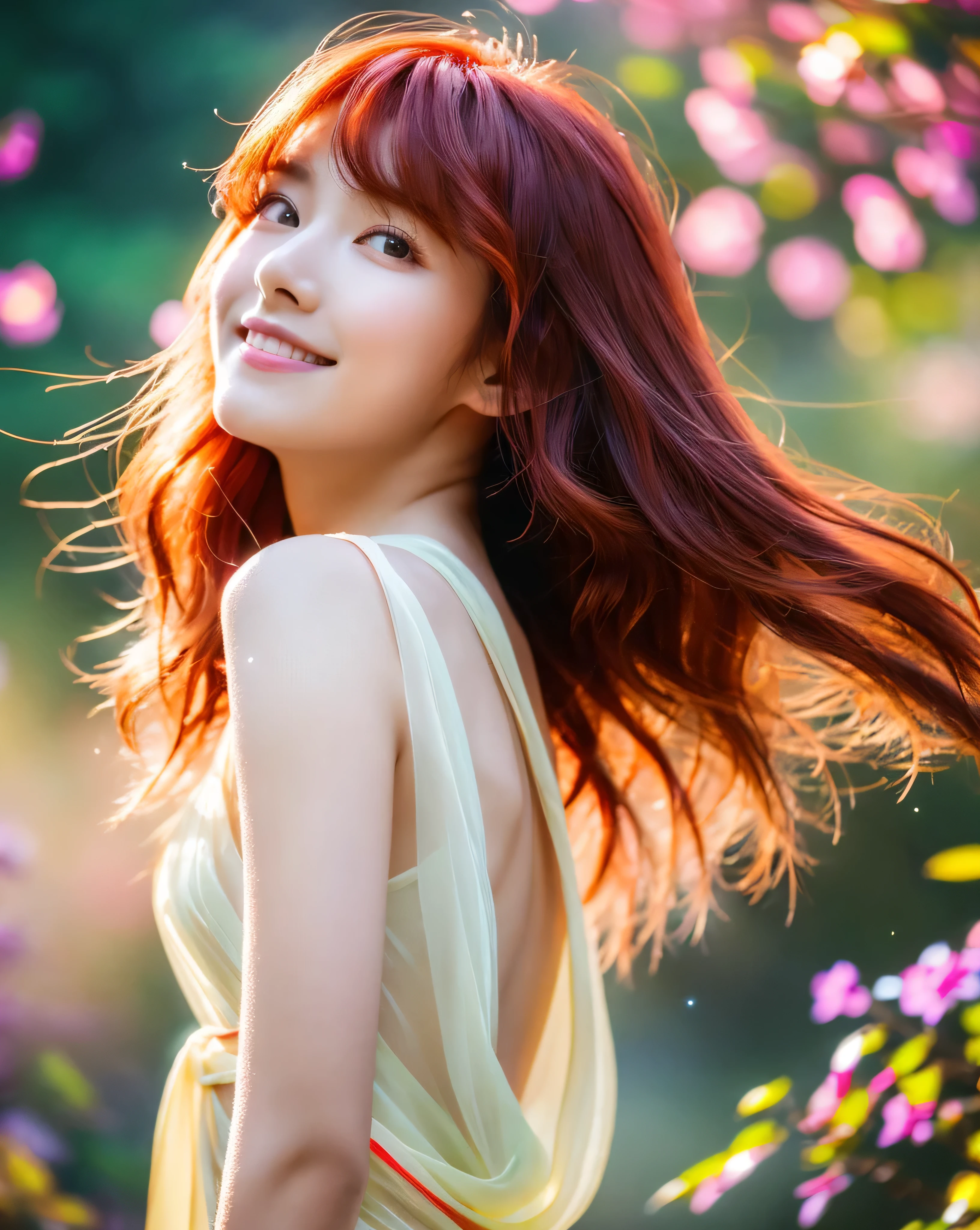 (highest quality, 32k, High resolution, masterpiece:1.5,), Haunting fantasy photography in abstract style, ((In a swirl of fantastic pastel colors and soft light)), Evoking a sense of soothing tranquility and elusive beauty, Award-winning masterpiece with amazing details, cute japanese woman, ((whole body)), perfect human anatomy, big magical eyes, Profile looking up at the sky, fleeting smile, ((shiny and detailed red hair)), Ponytail messed up by the wind, Beautiful asymmetrical bangs, hair between eyes, smooth and soft skin, thin eyebrows, clear double eyelids, pale pink lips, ((naked, Wrap your body in a transparent silk cloth)), High resolution perfect clavicle, Beautiful chest in high resolution, High resolution of perfectly beautiful armpits, Slender body with plump breasts, ((Colorful sparkling light effects:1.3)), mysterious forest, vivid flowers々:1.3, beautiful waterfall, beautiful rainbow over the waterfall, professional lighting, professional photographer, Professional models,mysterious