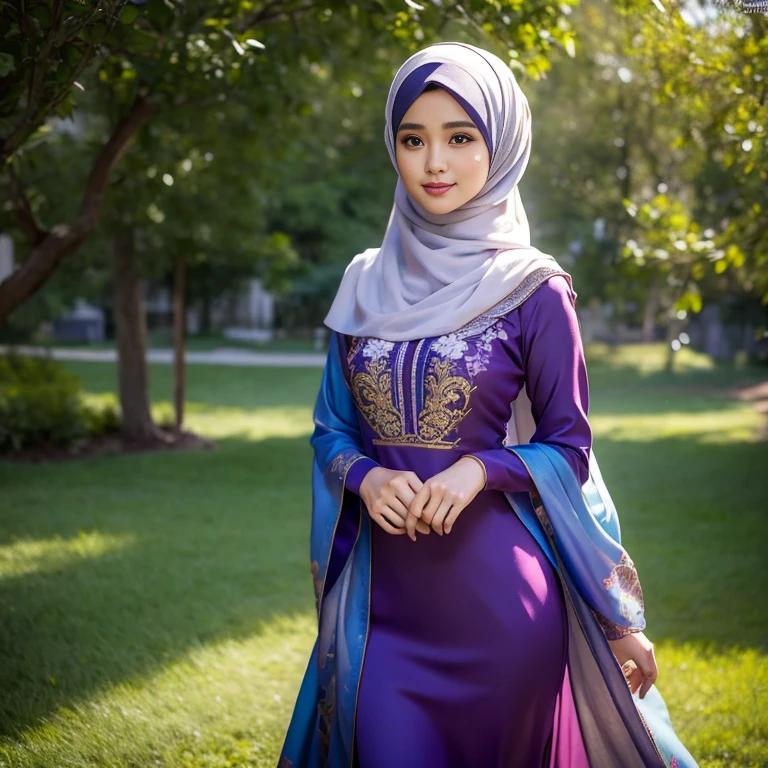 half body, beautiful muslimah girls, wearing traditional silk baju kurung, ultra-detailed, detailed faces, detailed skins, 8k masterpieces, cinematic lighting, firm push-up bosom, modest bosom, slim and slender body, long hijab, eid mubarak, in malay village, in the meadow