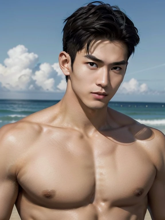 Japanese man , lifesaver , boomerang swimwear , whole body , yellow cap , beach , light brown hair , vivid ,  realistic asian handsome face, natural muscles , beardless face, masterpiece, A high resolution, hyperrealism, detailed face, solo, a men, glowing skin, (Asian), (young, teenager , student ), Handsome, detailed background, Handsome