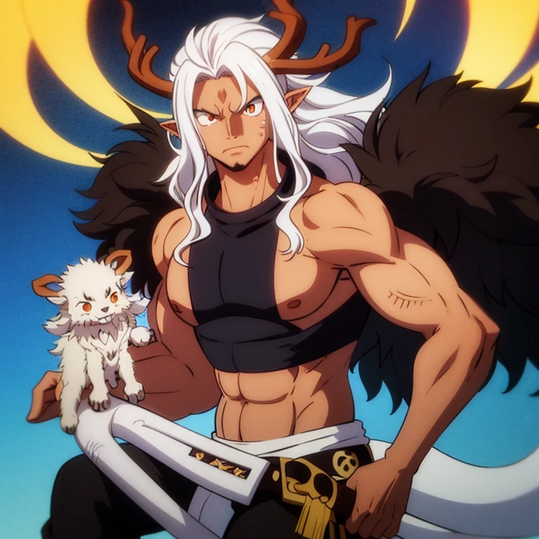 solo, toned muscular male, tanned skin with ((white messy long wavy hair)), hair covering eyes, (black crystal antlers), pointy ears, khaenri ah abyss, nibelung fused with nidhoggr and sun wukong, abyssal power, dragon sovereign, tired, black scales on skin, hair covering eyes, harem pants, turtleneck tanktop, coat, dragon tail,