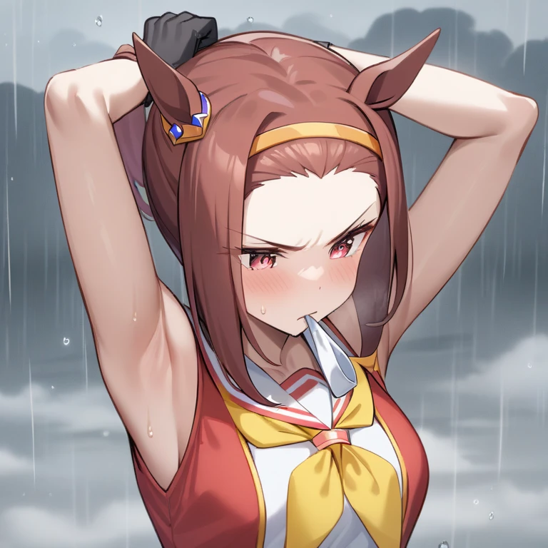 masterpiece, best quality,, sakura bakushin o (umamusume),,  (close-up:1.2), rain, cloud, cloudy, shadow,, serious, arms up, armpits, closed mouth, mouth hold,, epaulettes, black gloves, sleeveless, yellow neckerchief, shirt, tying hair, 