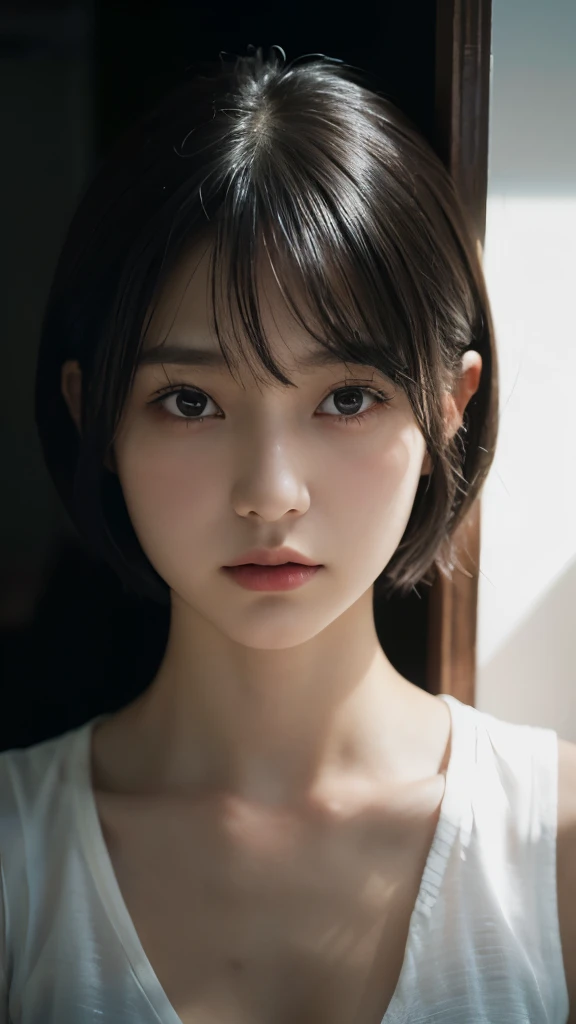 A black short haired japanese girl, bob cut, bang, dark eyes, 10 years old, very young, pale skin, wearing a white silky dress, peeking behind a door, feeling anxiety, sad, sweaty, Ultra high res, uhd, (photorealistic:1.4), coboy shot, doll-like face, in a dark room dramatic lighting
