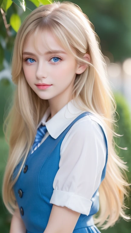 one female , super long hair, Beautiful and cute 14 year old beautiful girl、beautiful bangs、very beautiful face、bright look、beautiful blue eyes, Bright and dazzling platinum blonde、long straight hair、eyebrows behind bangs、school uniform、、textured white skin, high details, best quality, 4k high resolution、Glossy skin、Big, bright light blue eyes that shine so beautifully、very big eyes、