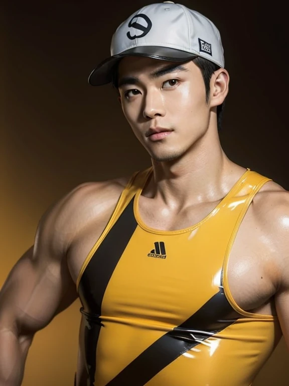 Japanese man , lifesaver , latex swimwear , latex tanktop , whole body , yellow cap , beach , light brown hair , vivid , realistic asian handsome face, natural muscles , beardless face, masterpiece, A high resolution, hyperrealism, detailed face, solo, a men, glowing skin, (Asian), (young, teenager , ), Handsome, detailed background, Handsome
