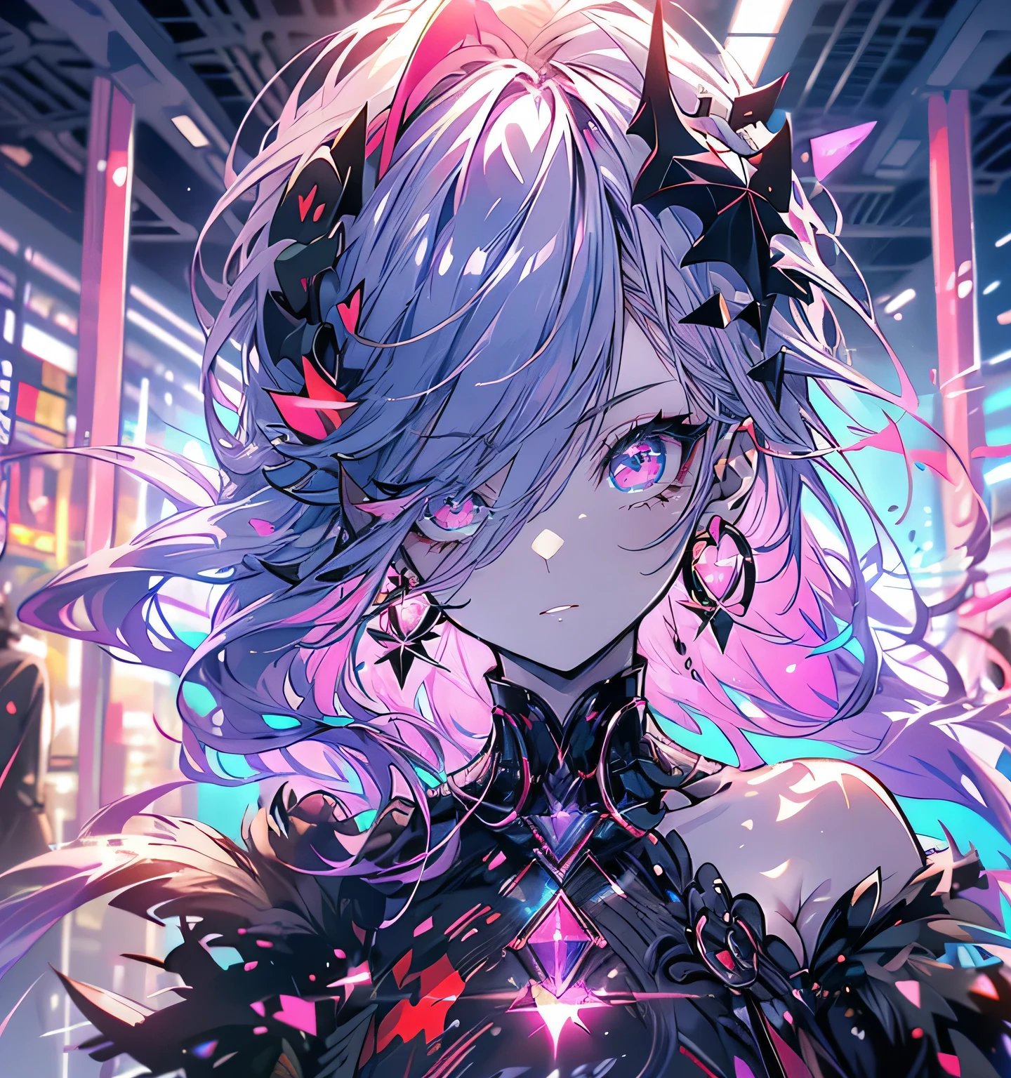 scene:0.9, (masterpiece), highest quality, (((super detailed, 8K quality))),,hair above one eye, red eyes, clear eyes, choker, open jacket, towards the wall,shineing grafiti, shineing tattoos, shine, neon light, Black light,anime style, movie portrait photography, 1 female, 22 years ago, Full body Esbian,blue eye background, big and full breasts, anger, (scarlet hair), long hair, purple eyes, wearing a short black dress, (natural skin texture vivid details, surreal, (realistic detailed eyes, natural skin texture, realistic facial details), soft and dramatic lighting, Depth of written boundary, Bokeh, vivid details, surreal, 35mm movie, hazy blur, movie,lipstick, ear piercing, eye shadow, hoop earrings, red pink lips, multicolored red eyes, purple theme,Wear an iridescent aura,beautiful eyes,stand in front of the red gate、bold pose、decide on a pose,upper ponytail,hanging bangs,sit