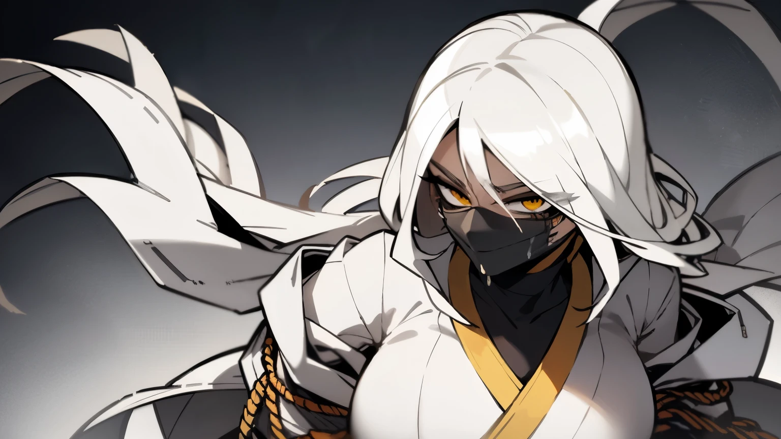 (best quality,highres),tall woman with a big bust smiling towards the camera, removing a black mask with her white hair and yellow eyes, dressed in a white ninja costume with blood stains, holding a gun crying
