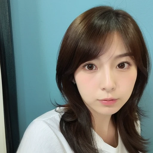 ((japanese woman))、(low quality:1.2)、(33 years old:1.6)、brown hair、((black eyes))、Selfie style、The place is home、shirt、((below average face))、(Low quality:1.5)、realistic vape、(Poor image quality:1.5)、dry skin、