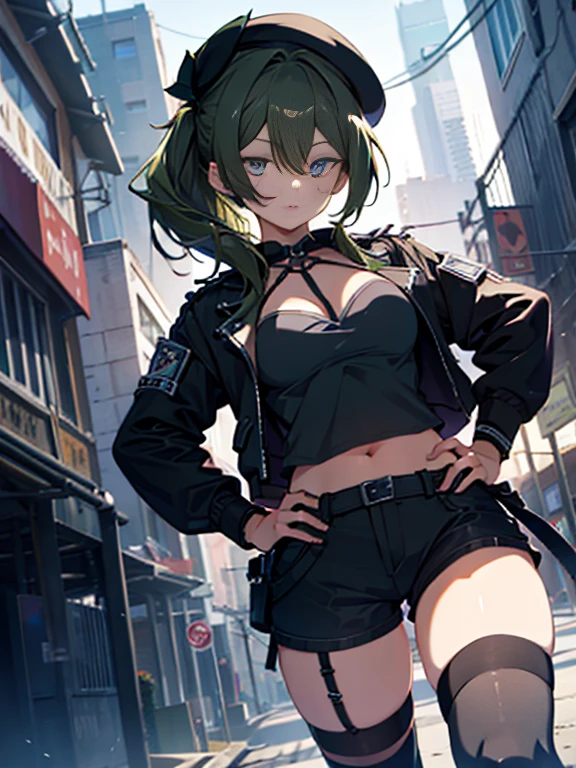ubel,dark green hair,long hair,side ponytail,hair between eyes,bangs, BREAK (beret, black jacket, open clothes, cleavage, midriff, black shorts, black thighhighs, thigh strap, fingerless gloves, single glove:1.2) BREAK blurry background, BREAK pose, hand on hip, BREAK (masterpiece:1.2), best quality, high resolution, unity 8k wallpaper, (illustration:0.8), (beautiful detailed eyes:1.6), extremely detailed face, perfect lighting, extremely detailed CG, (perfect hands, perfect anatomy),

